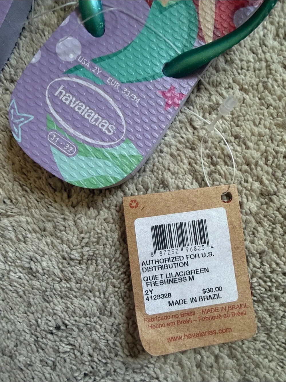 Havaianas Kids Purple Flip Flops with Green Straps - Ariel Design
